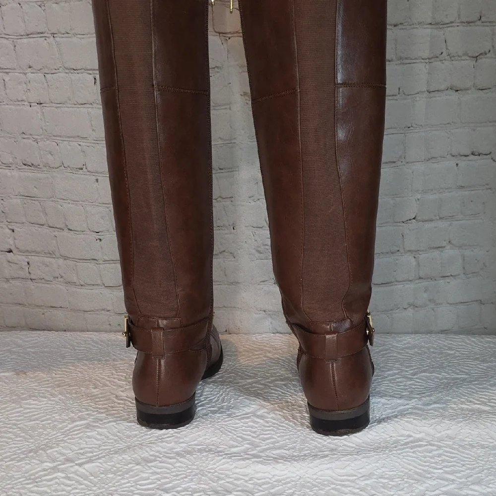 Tommy Hilfiger SHAHAR Brown Leather Riding Boots Gold H Buckle Wide Calf siz 7.5